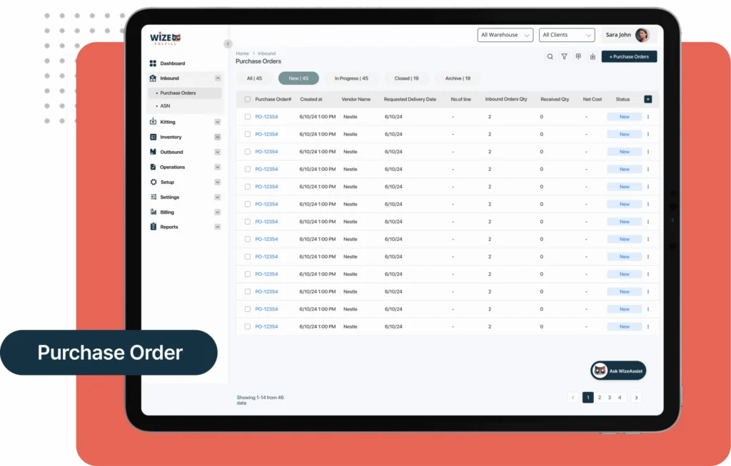 WizeFulfill purchase order screen