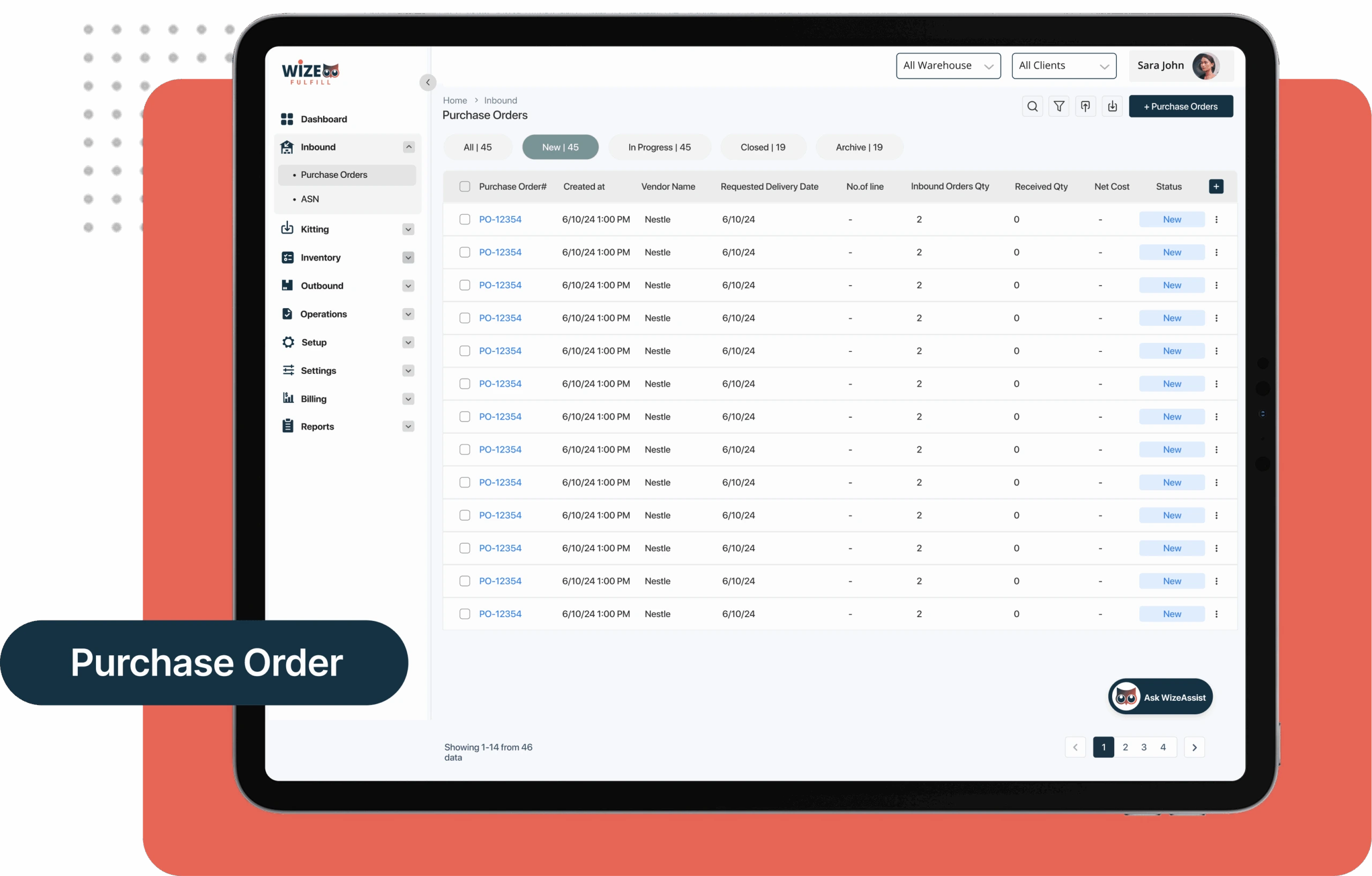 WizeFulfill purchase order screen