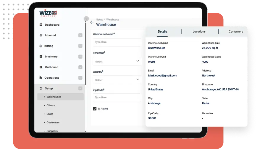 WizeFulfill warehouses screen